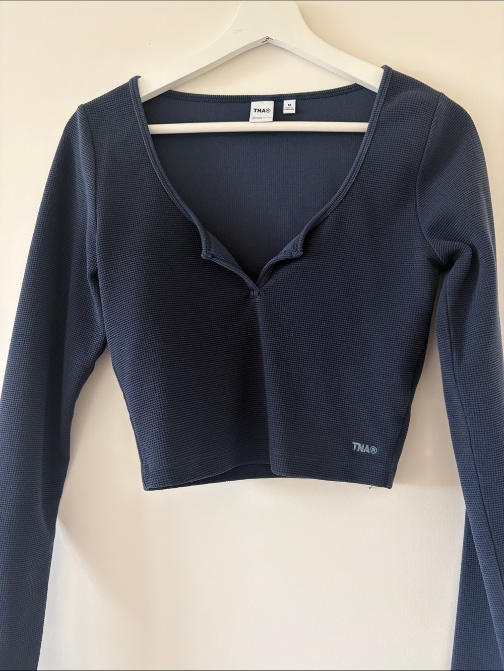 TNA Navy Long-Sleeve Ribbed Crop Top